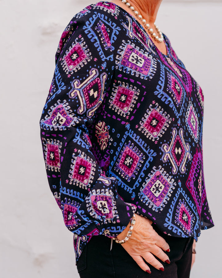 Karen Kane: Long Sleeve Scoop Neck Blouse in Print - The Vogue Boutique