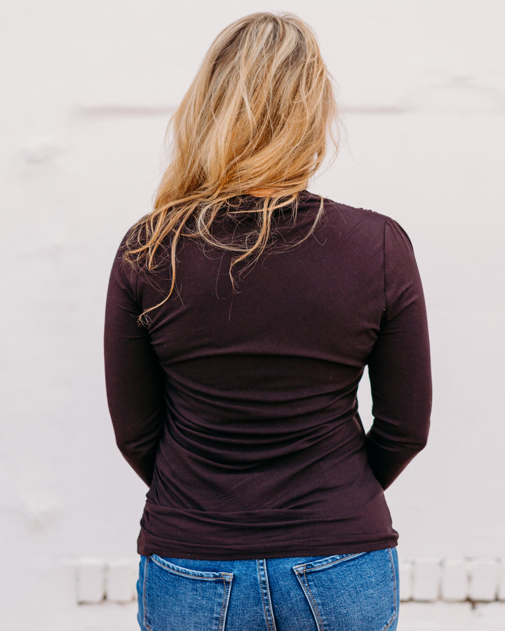 Liverpool: Long Sleeve Mock Neck Knit Top in Java - The Vogue Boutique