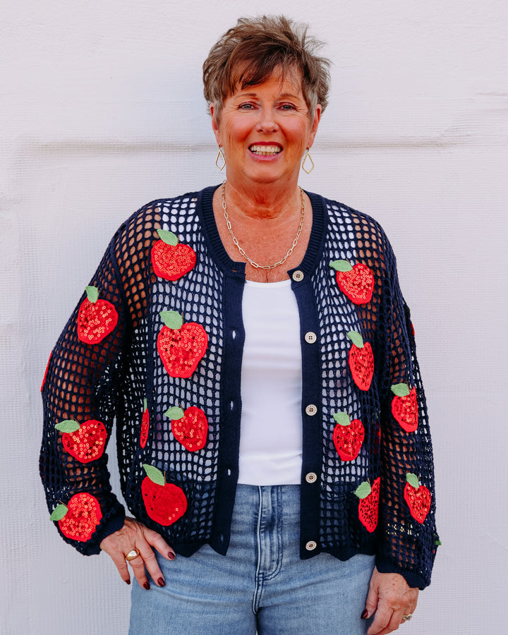 Queen Of Sparkles: Crochet Navy & Red Sequin Apple Button Up Sweater in Navy (FALL2673)