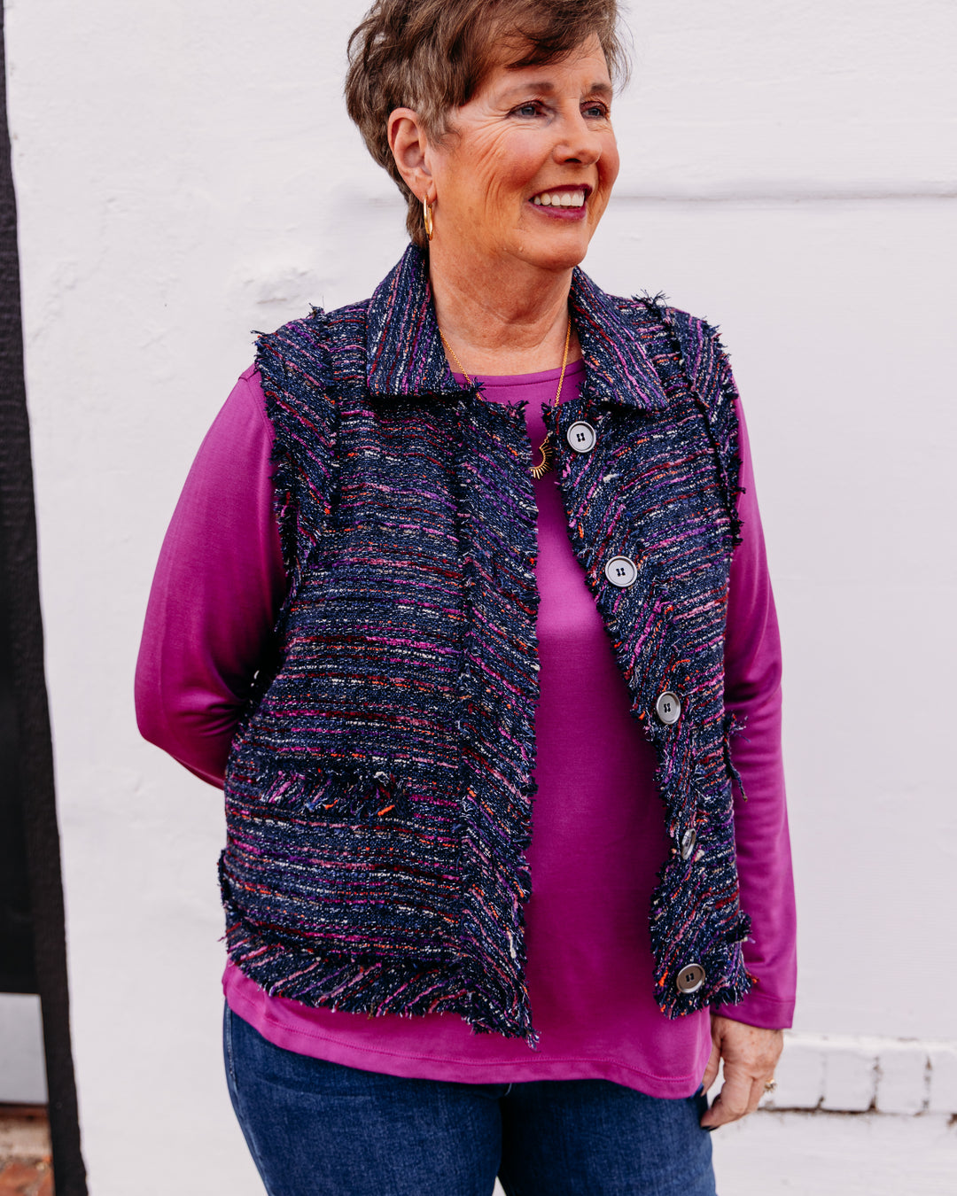 Multiples: Woven Button Front Lined Vest in Multi (M46509VM)