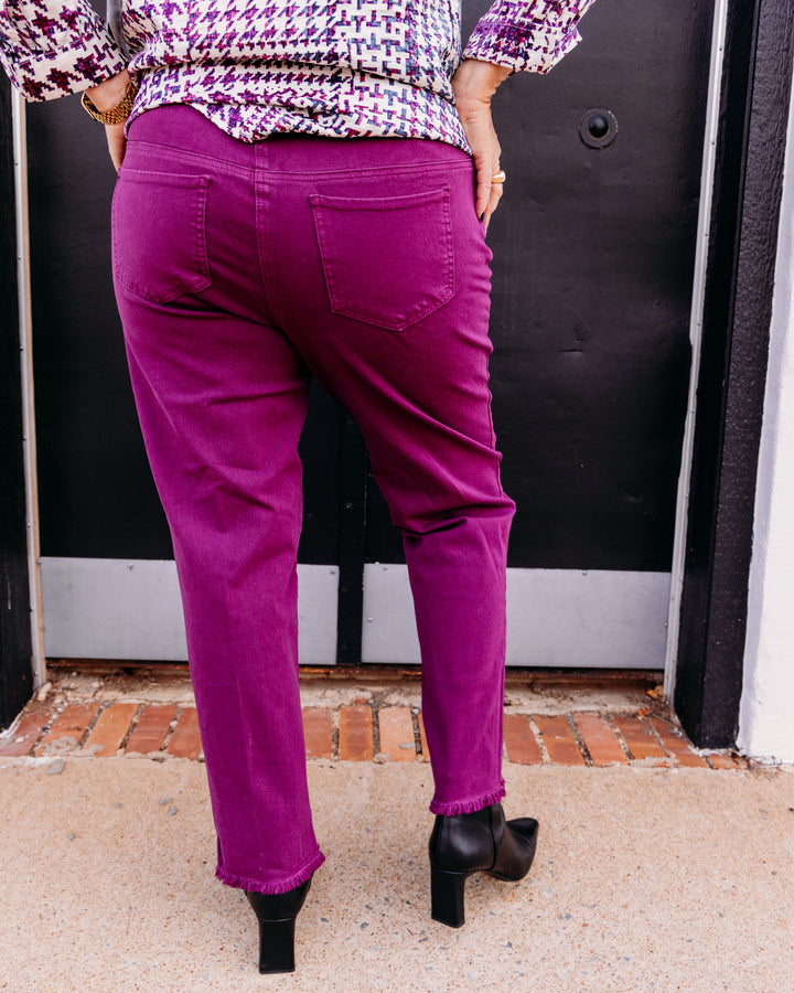 Multiples: Woven Fringe Hem Ankle Pant in Plum (M35714PM)