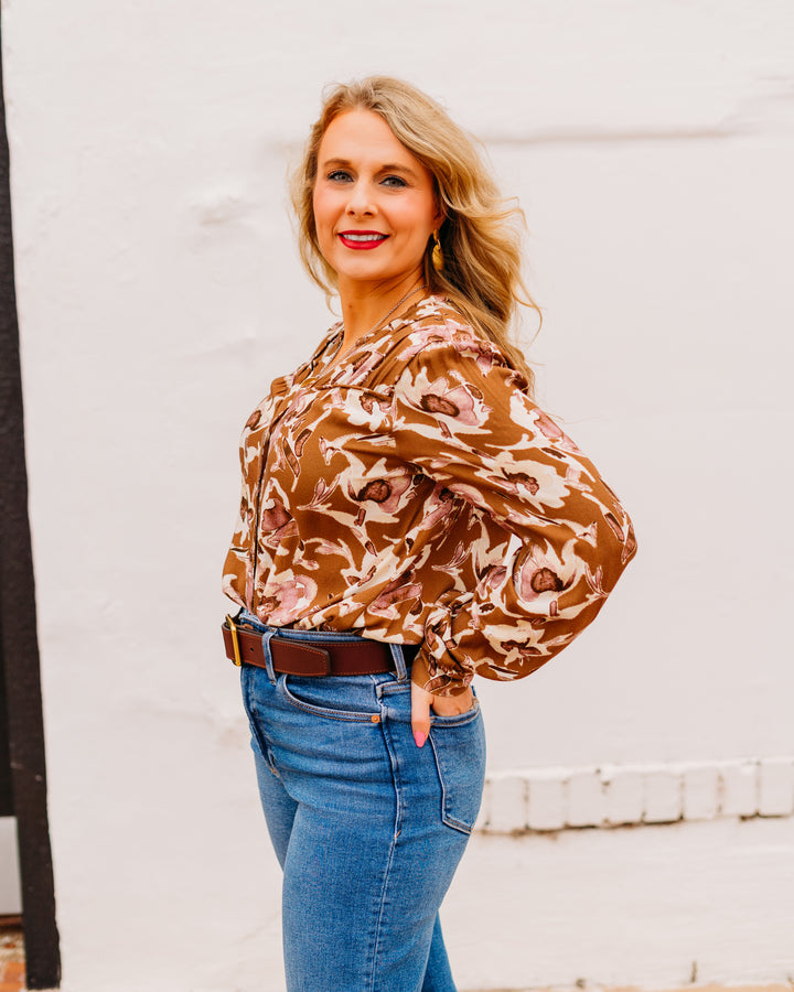 Kut: Isley Long Sleeve Shirt With Neck Ruffles in Mocha and Mauve - The Vogue Boutique
