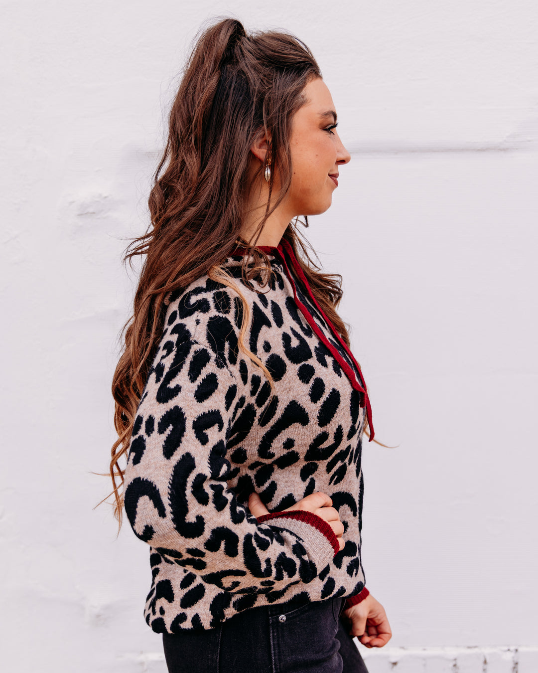 Charlie B: Hooded Sweater In Leopard Jacquard Contrast Trim in Animal (C2436J)