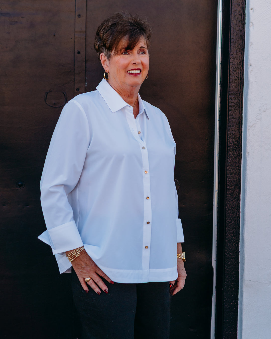 Joseph Ribkoff: Stretch Poplin Button-Front Blouse with Zipper Accent (253923) - The Vogue Boutique