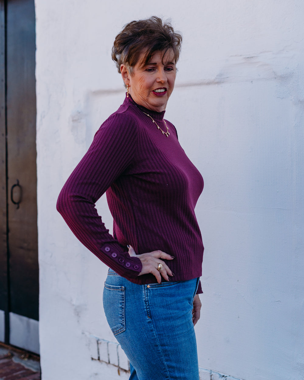 Liverpool: Long Sleeve Mock Neck Top with Button Detail in Wine Berry - The Vogue Boutique