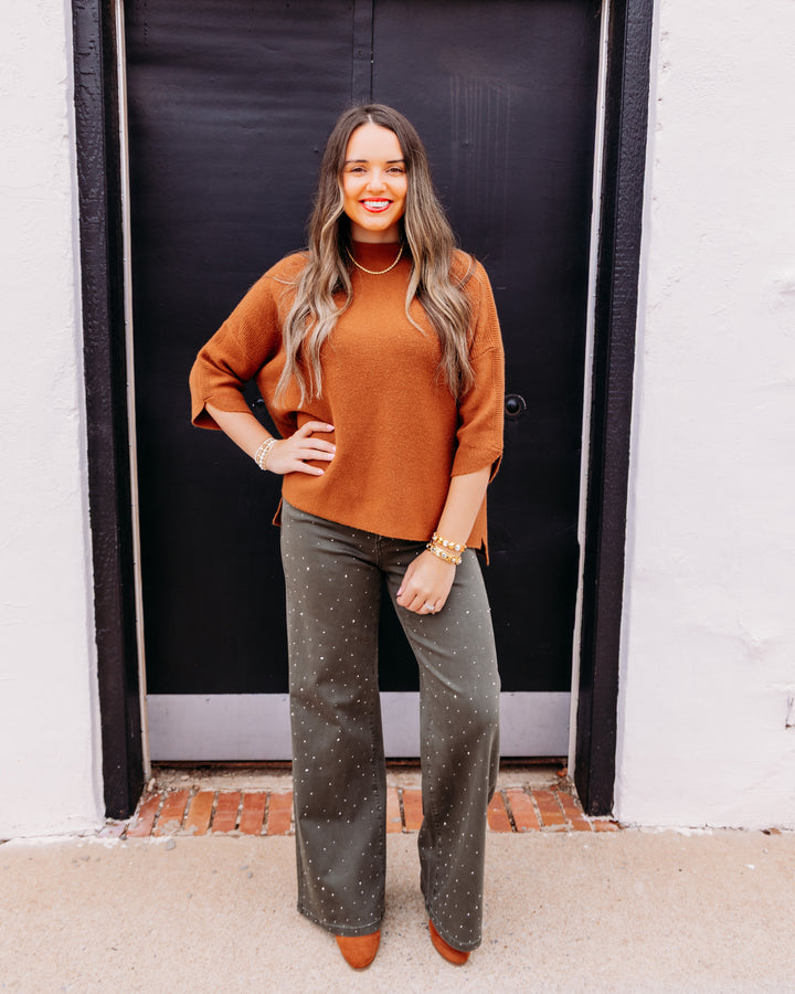 Multiples: 3/4 Sleeve Funnel Neck Sweater Top in Caramel (M46110KM)