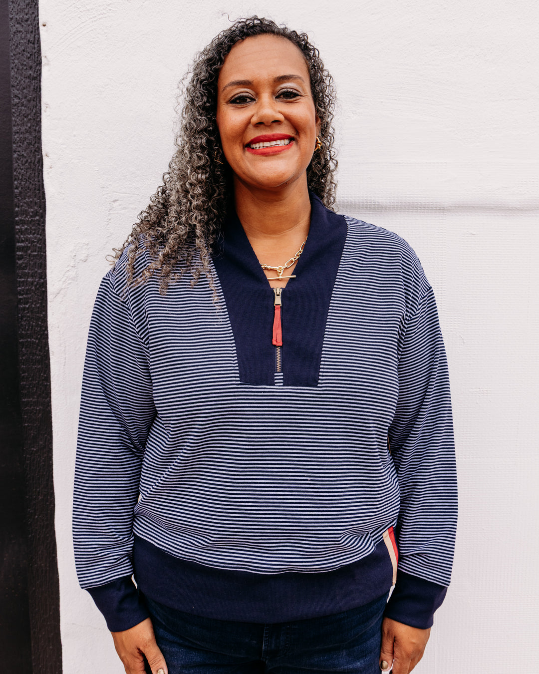 Tru Luxe: Shawl Collar Zip Front Sweatshirt in Navstr (T36476TM)