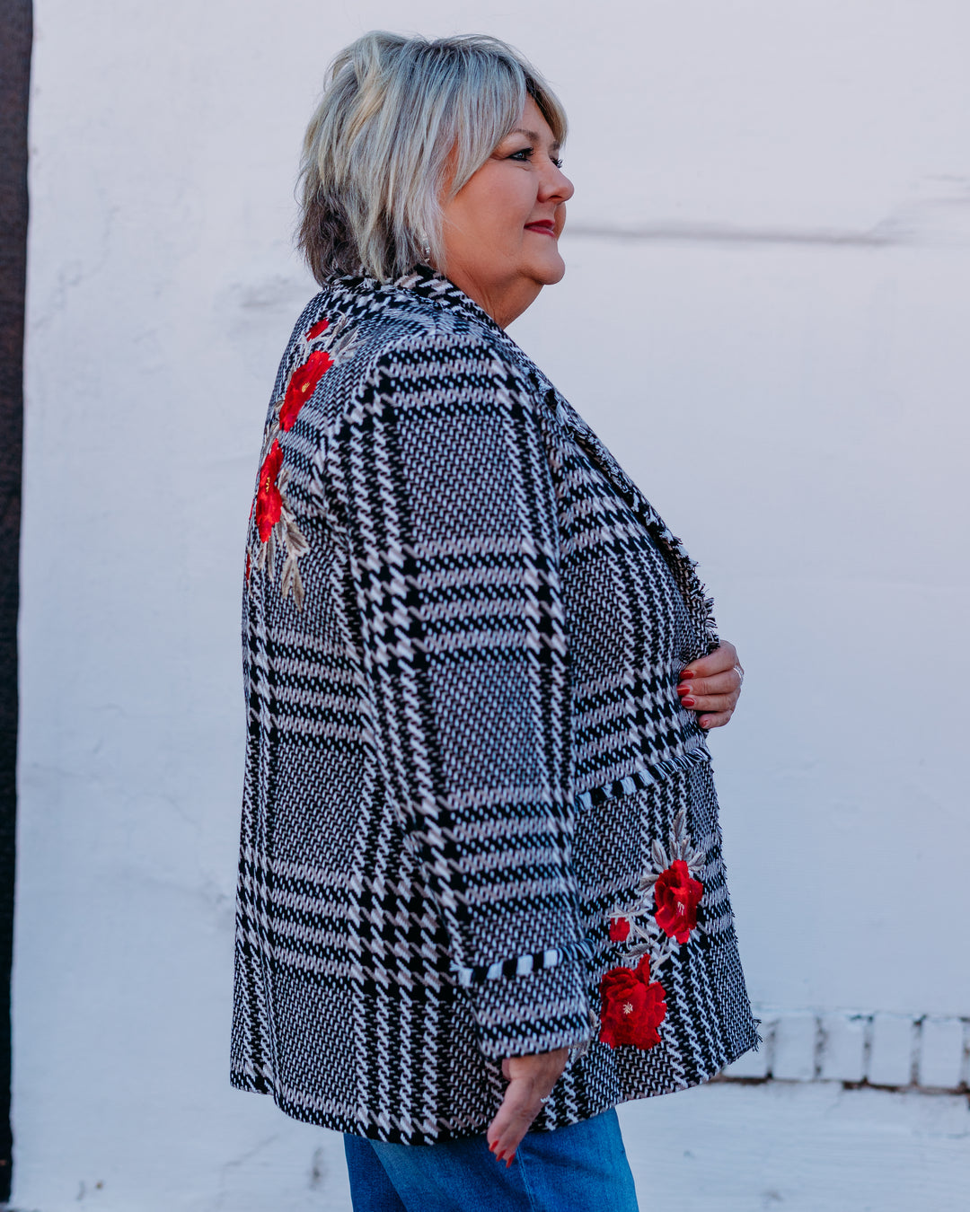 John Mark: Plaid Tweed Coat With Fringe in White/Black J45655JM - The Vogue Boutique