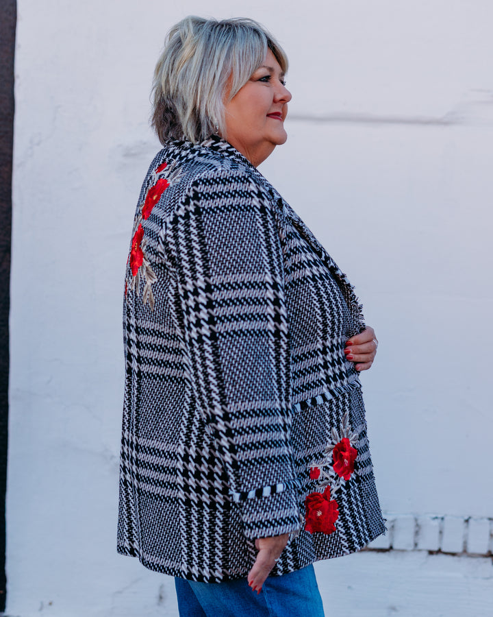 John Mark: Plaid Tweed Coat With Fringe in White/Black J45655JM - The Vogue Boutique