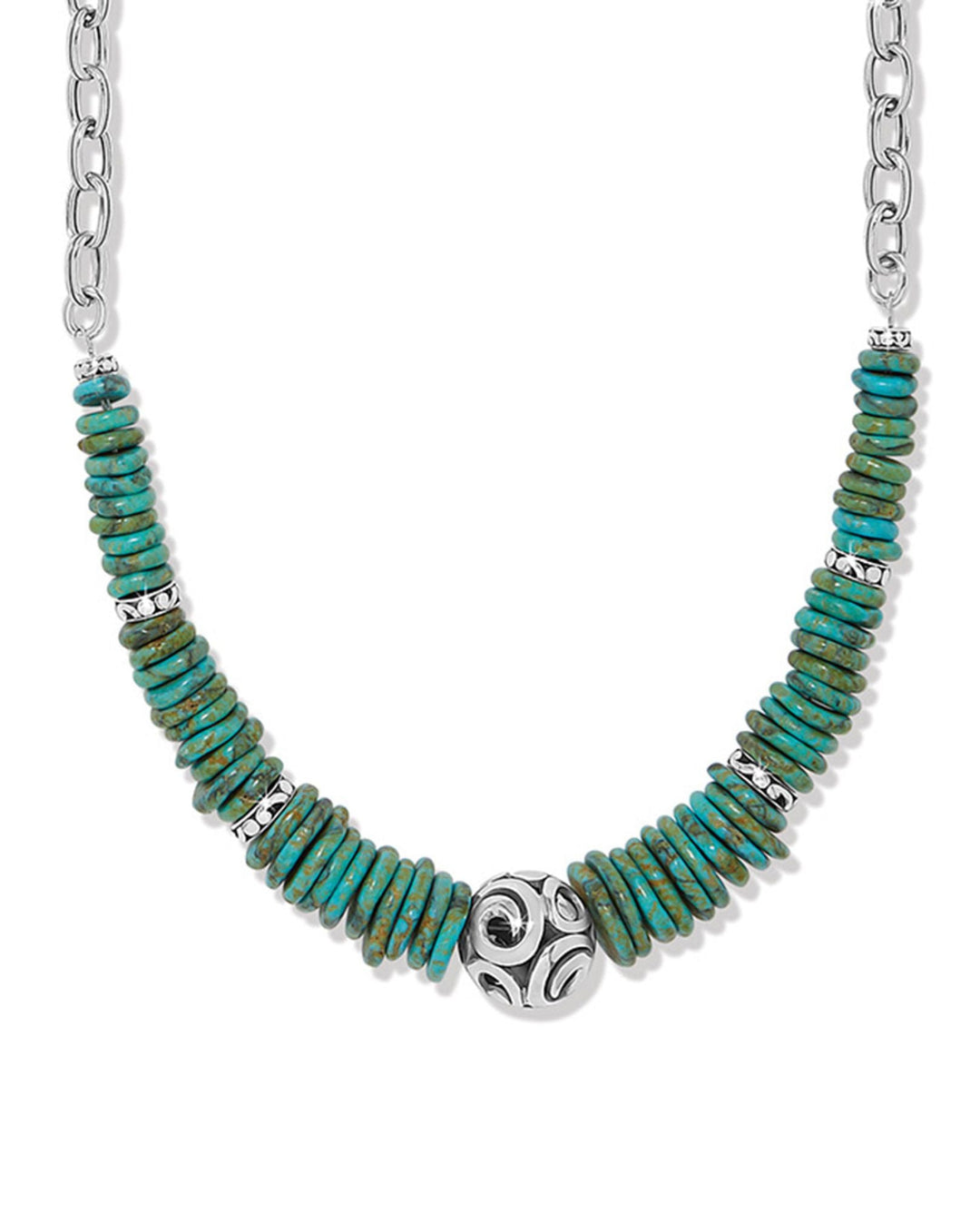 Brighton JM0251 necklace featuring turquoise disc beads with ornate silver chain and centerpiece