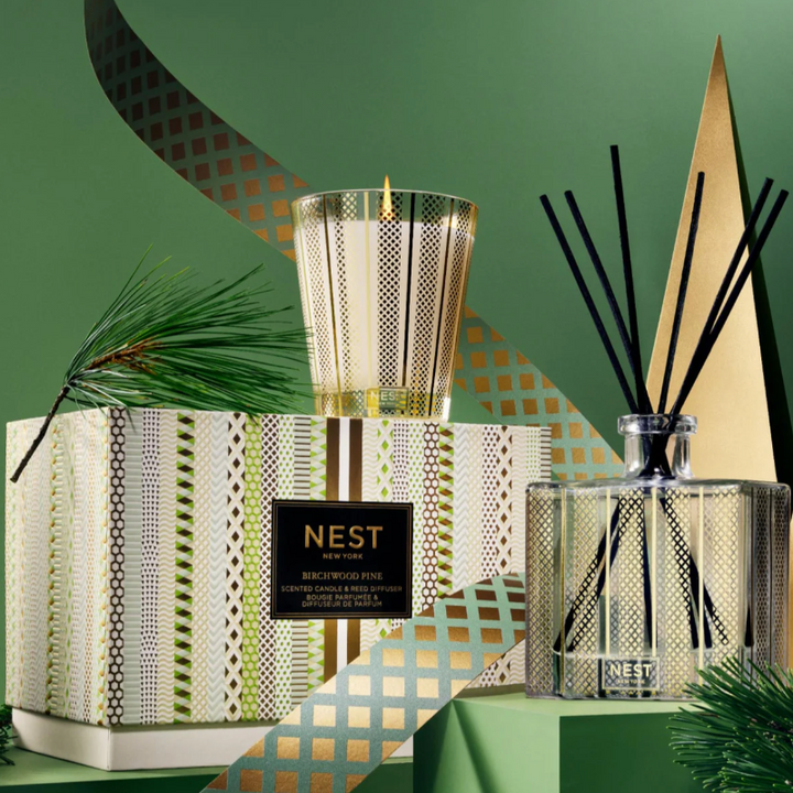 NEST New York Birchwood Pine scented candle and reed diffuser gift set with decorative holiday packaging