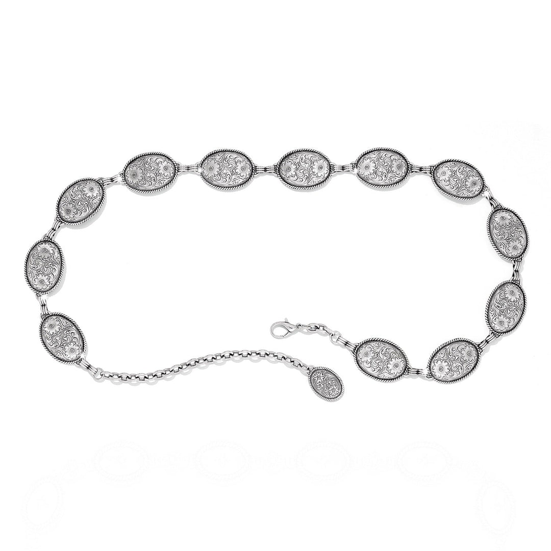 Brighton Antique Silver Nicole Concho belt with engraved floral oval medallions and lobster clasp