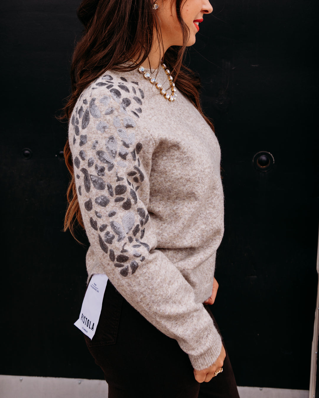 Charlie B: Plushy Sweater With Floral Embroidery at Shoulder in Latté Chiné (C2167)
