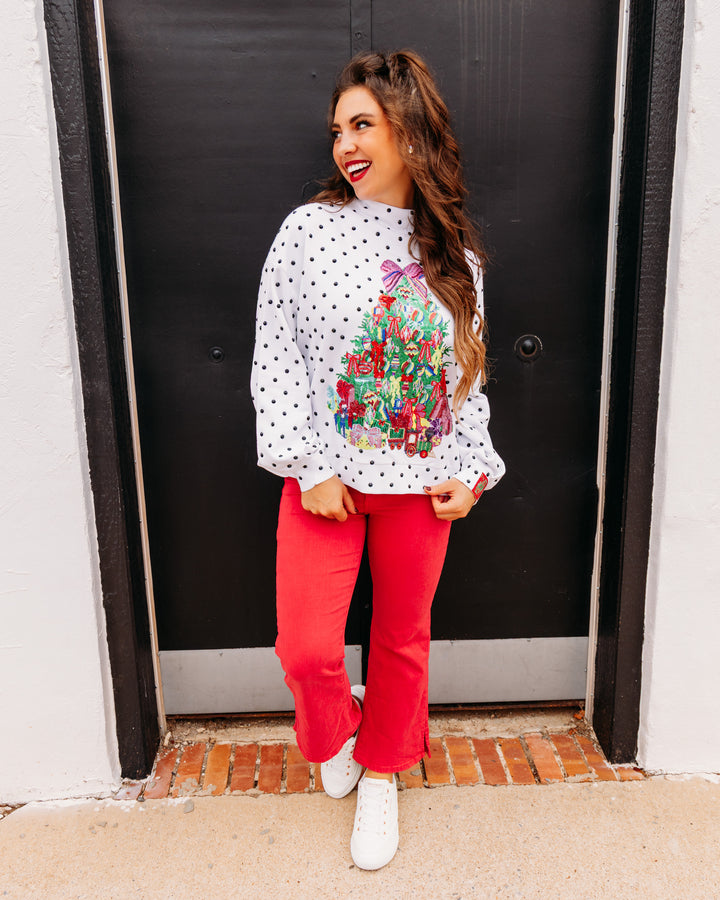 Queen of Sparkles: White & Black Poka Dot Multi Christmas Tree Mockneck Sweatshirt (HOLID26N230)