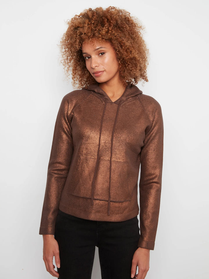 Charlie B: Foiled Raglan Sleeve Hoodie Sweater With Kangaroo Pocket in Cuivre (C2733RR)