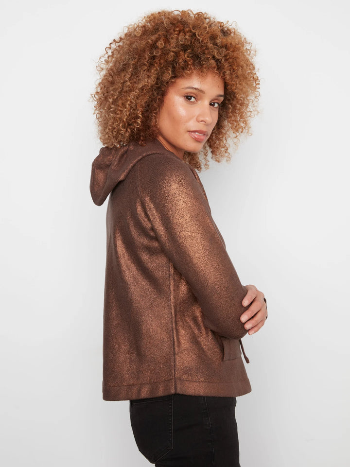 Charlie B: Foiled Raglan Sleeve Hoodie Sweater With Kangaroo Pocket in Cuivre (C2733RR)