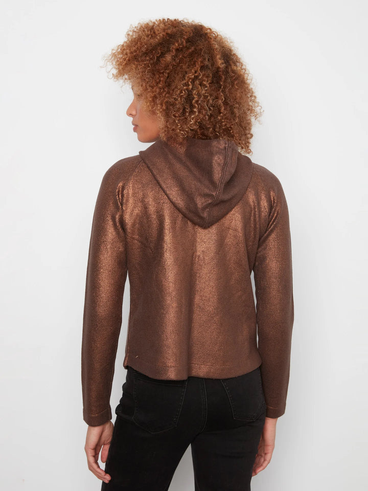 Charlie B: Foiled Raglan Sleeve Hoodie Sweater With Kangaroo Pocket in Cuivre (C2733RR)