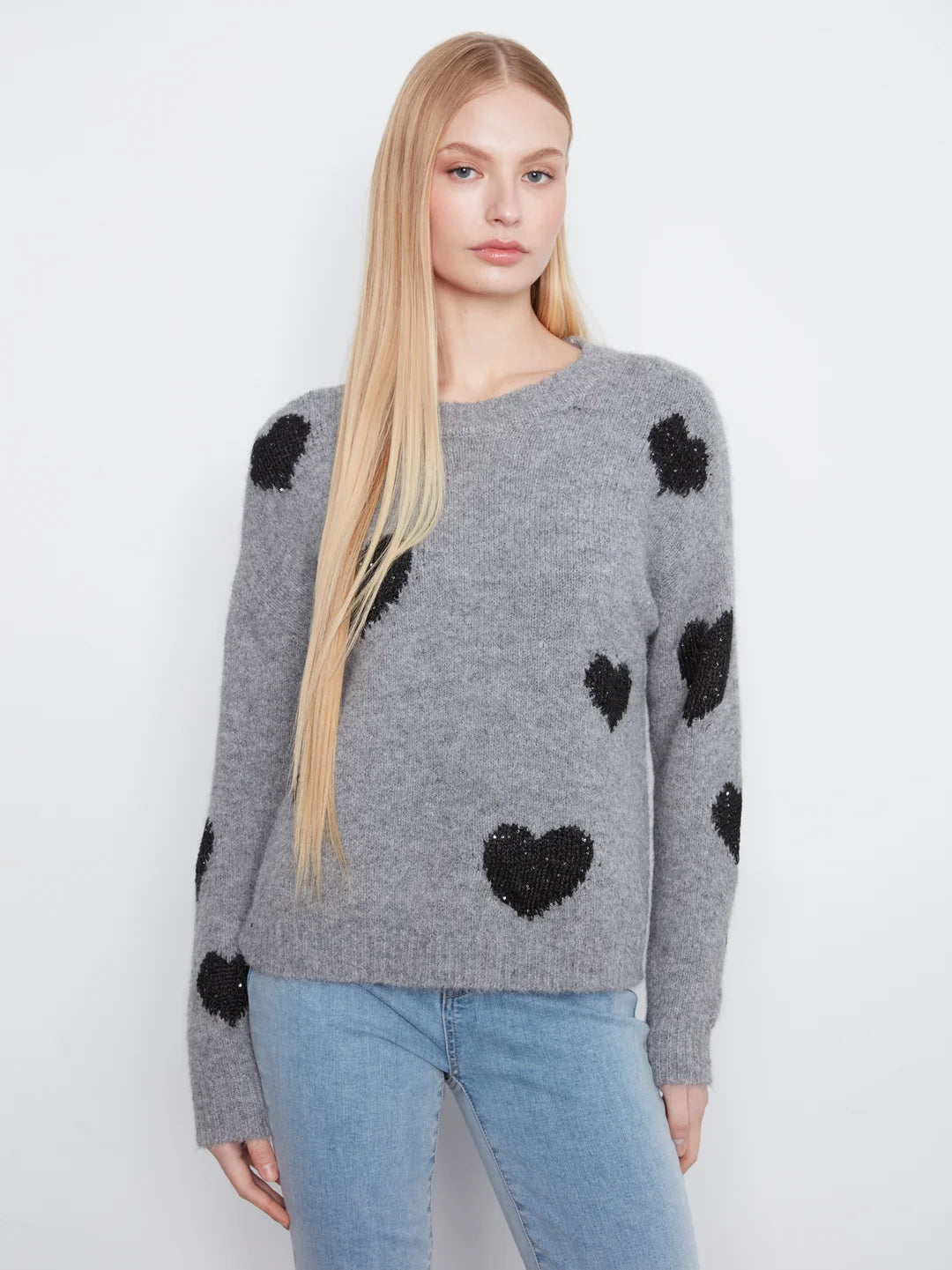 Charlie B: Long Sleeve Drop Shoulder Crew Neck Heart Embroidered Sweater in Gris Moyen Chiné (C2987H)