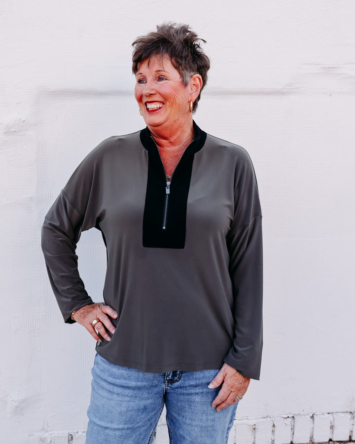 Joseph Ribkoff: Silky Knit Color Block Straight Top in Avocado/Black (263606)