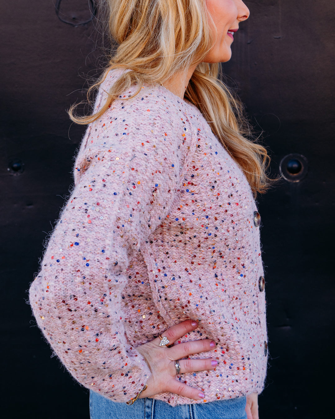 Tribal: Tweed Like Sequined Sweater Cardigan in Macaron