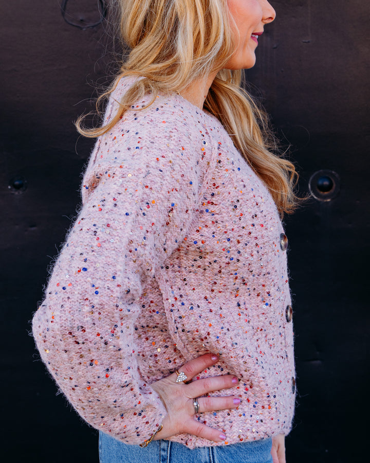 Tribal: Tweed Like Sequined Sweater Cardigan in Macaron