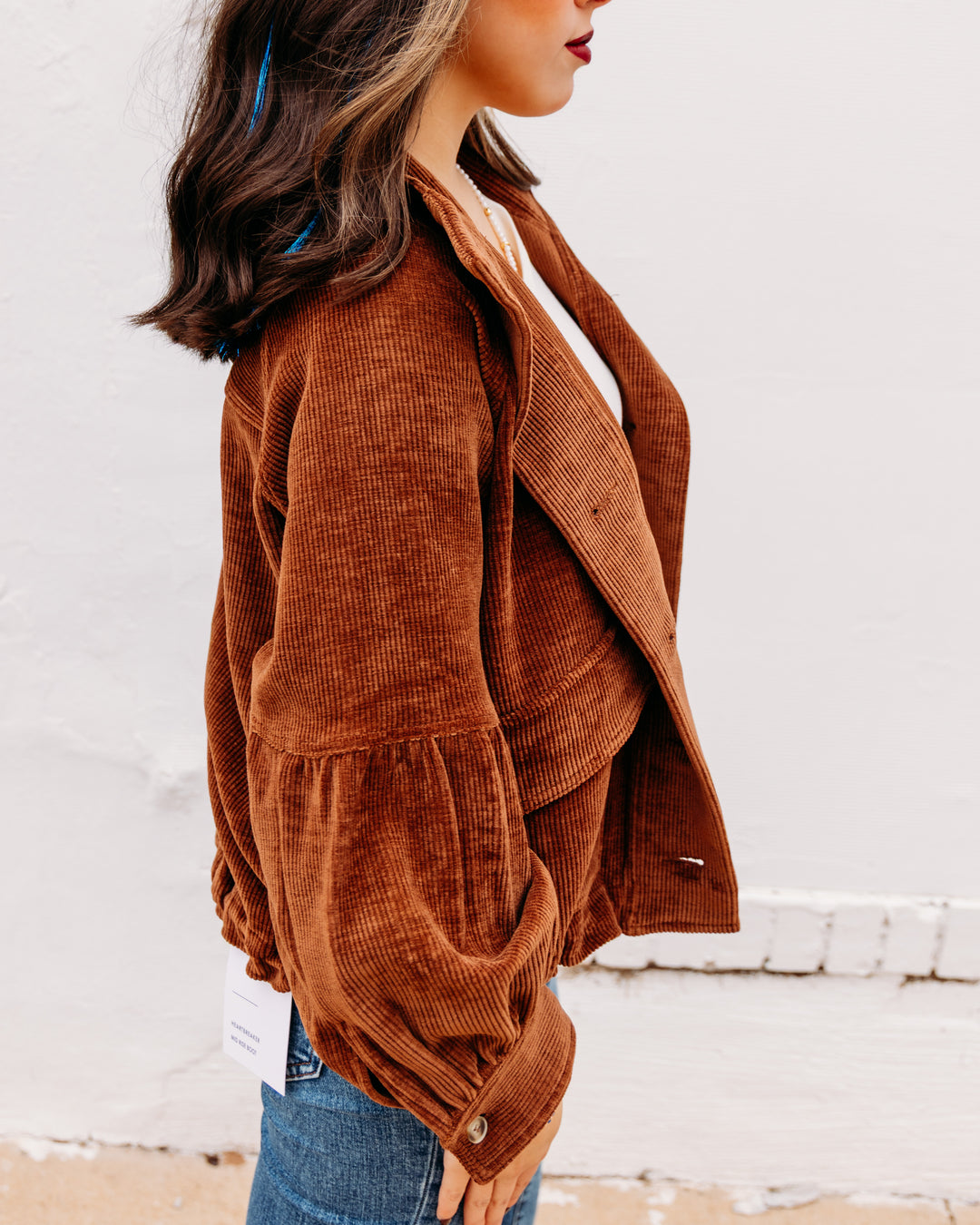 Tru Luxe: Woven Stand Collar Button Front Cord Jacket in Chocolate (T4623JM)