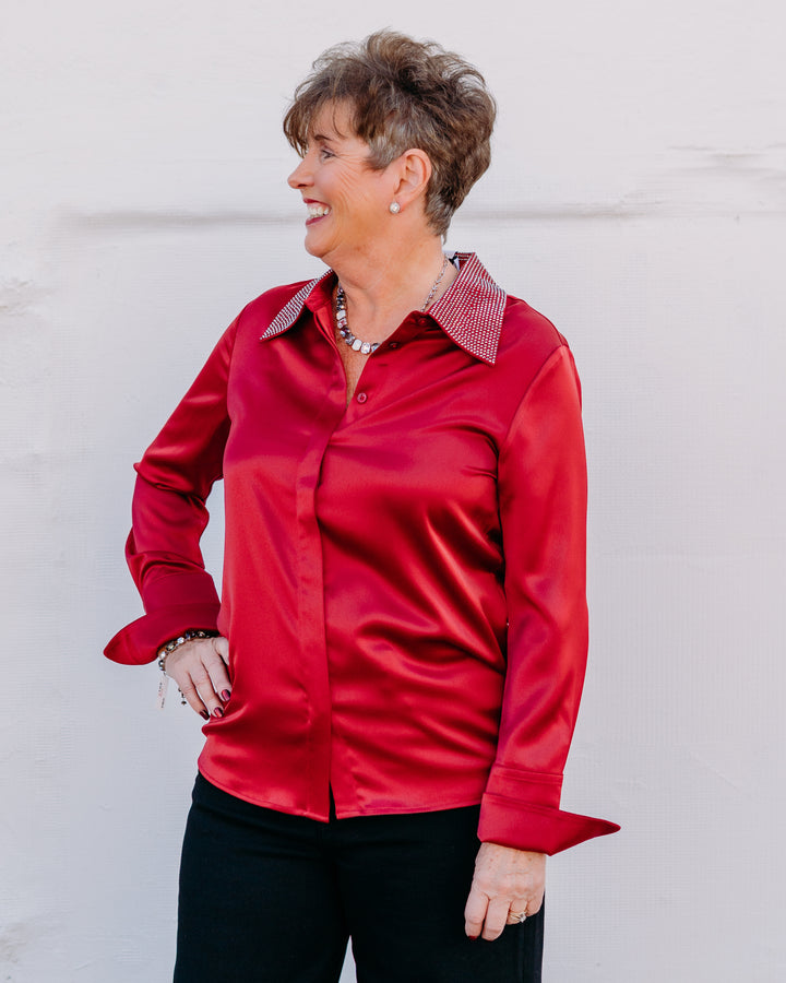 Joseph Ribkoff: Satin Button-Front Blouse with Embellished Collar in Deep Cherry (254926) - The Vogue Boutique