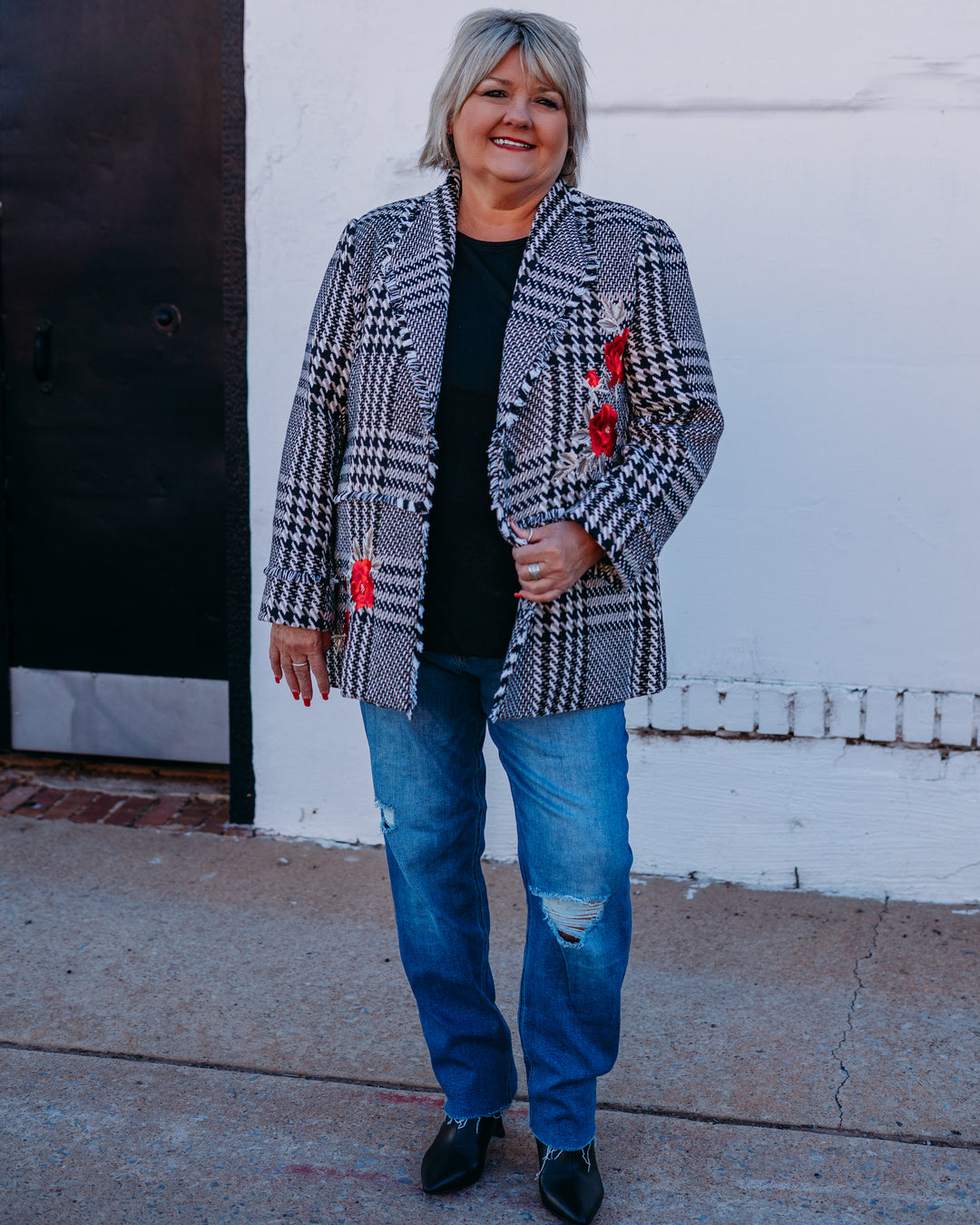 John Mark: Plaid Tweed Coat With Fringe in White/Black J45655JM - The Vogue Boutique