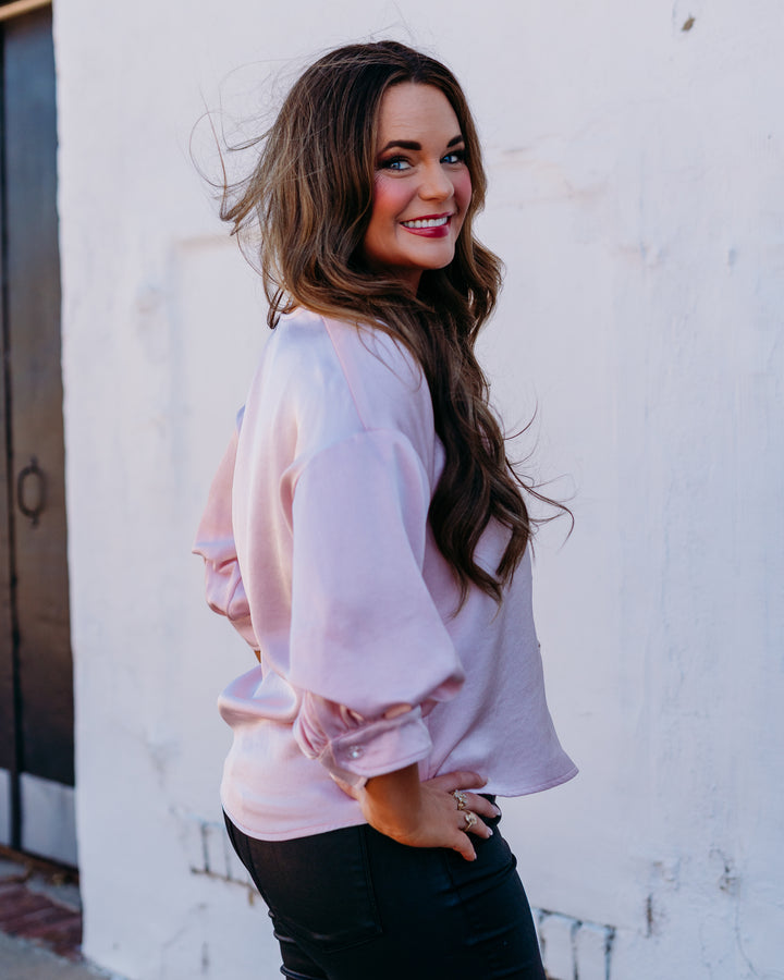 Karen Kane: Lantern Sleeve Satin Top in Pink  (4L11819) - The Vogue Boutique