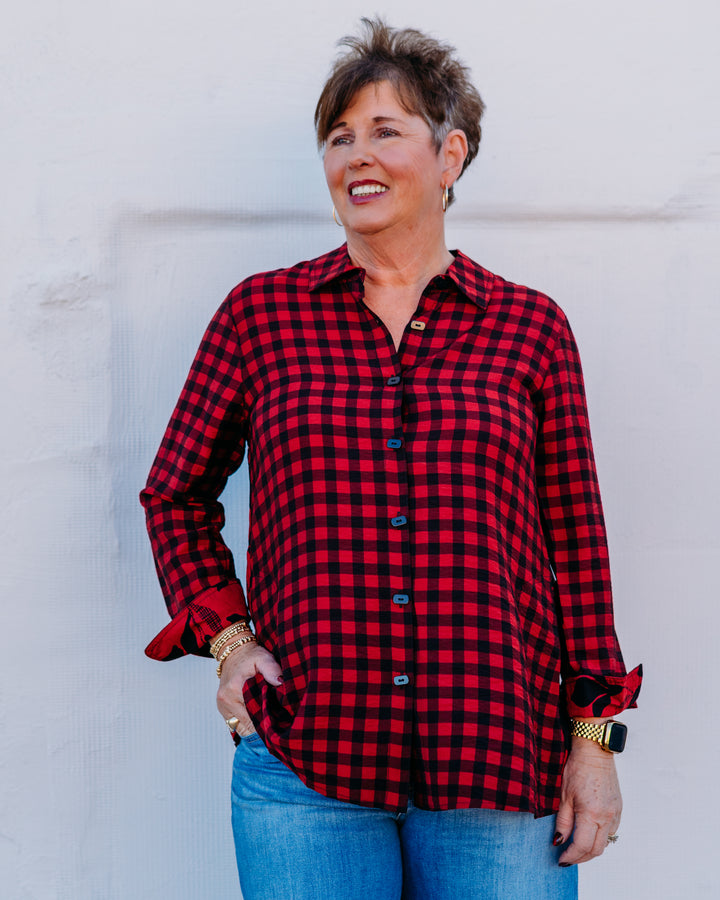 Multiples: Turn-up Cuff 3/4 Sleeve Button Front Woven Shirt in Multi (M45203BM) - The Vogue Boutique