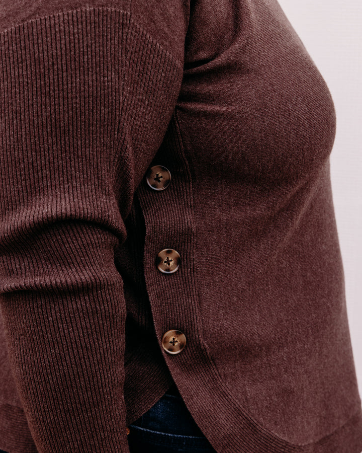 Charlie B: Long Sleeve Drop Shoulder Boat Neck Sweater With Side Buttons Detail in Café Chiné (C2871R)