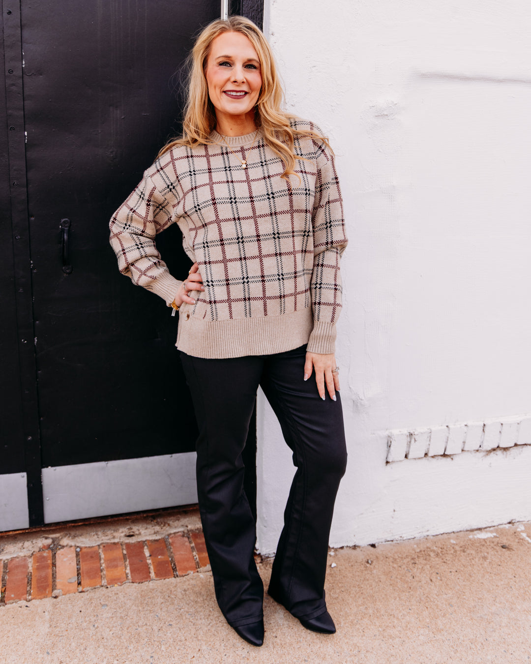 Charlie B: Jacquard Sweater With Side Buttons in Biscotti Chiné (C2668J)