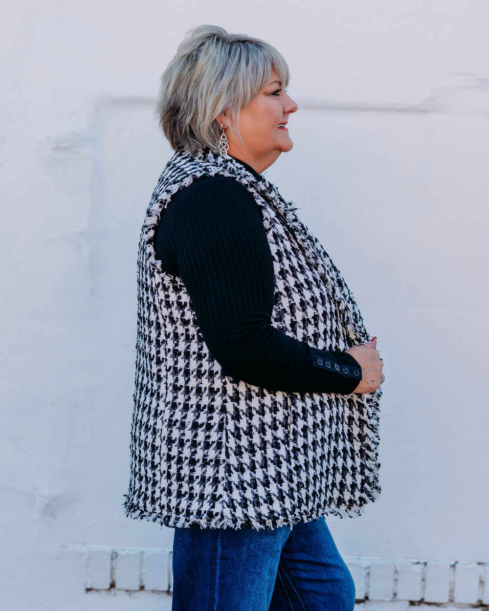 Multiples: Lapel Collar 1 Button Woven Lined Vest with Fringe in Multi (M45202VM) - The Vogue Boutique