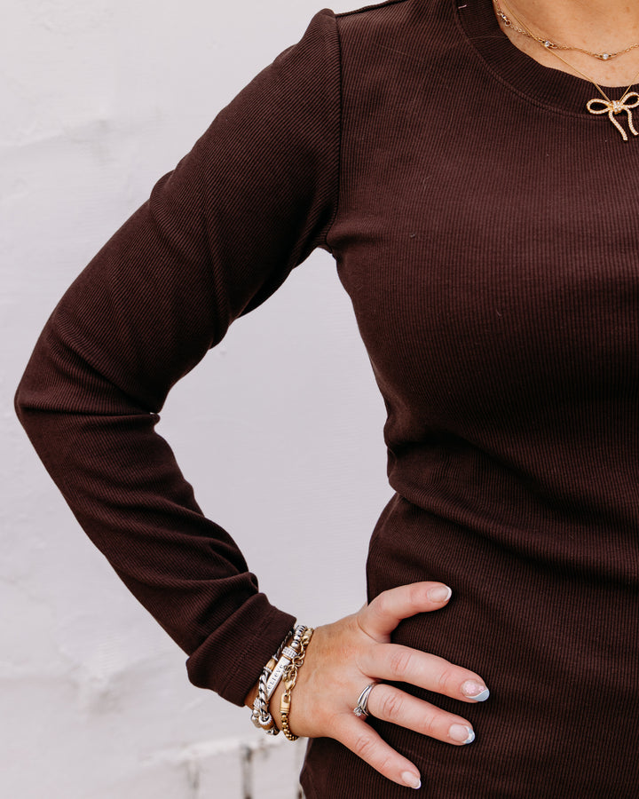 Charlie B:Tencel Rib Long Sleeve Crew Neck Top in Café (C1448PK)