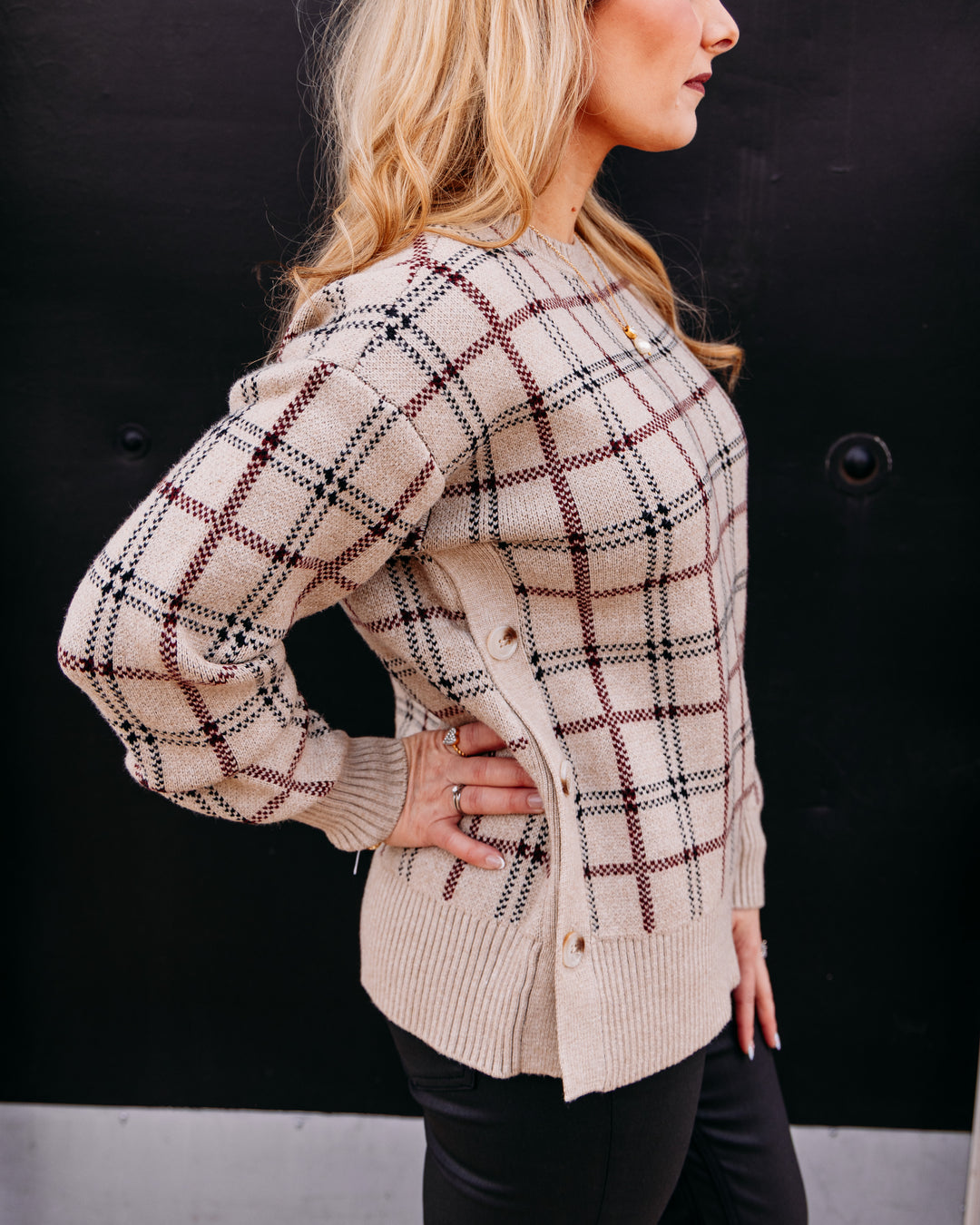 Charlie B: Jacquard Sweater With Side Buttons in Biscotti Chiné (C2668J)
