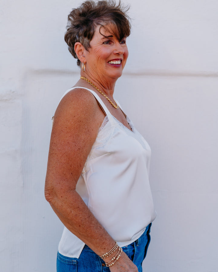 Liverpool: Woven Tank W/ Lace Trim in Whipped Cream - The Vogue Boutique