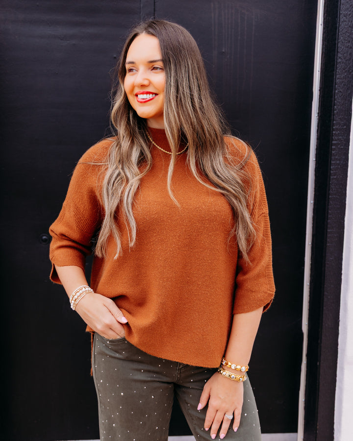 Multiples: 3/4 Sleeve Funnel Neck Sweater Top in Caramel (M46110KM)