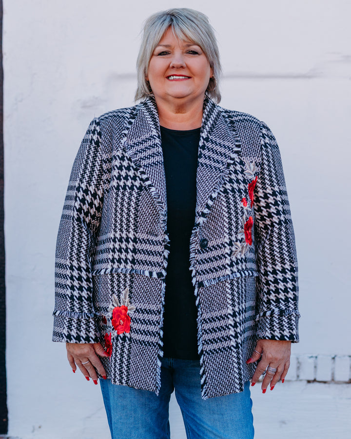 John Mark: Plaid Tweed Coat With Fringe in White/Black J45655JM - The Vogue Boutique