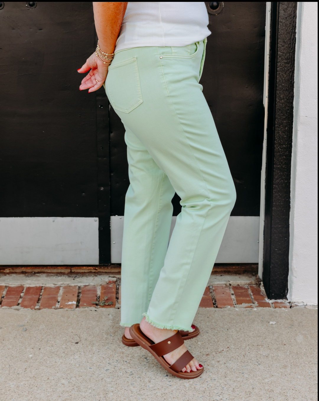 French Dressing Jeans: Olivia Slim Ankle Frayed Jeans in Mojito Green - The Vogue Boutique