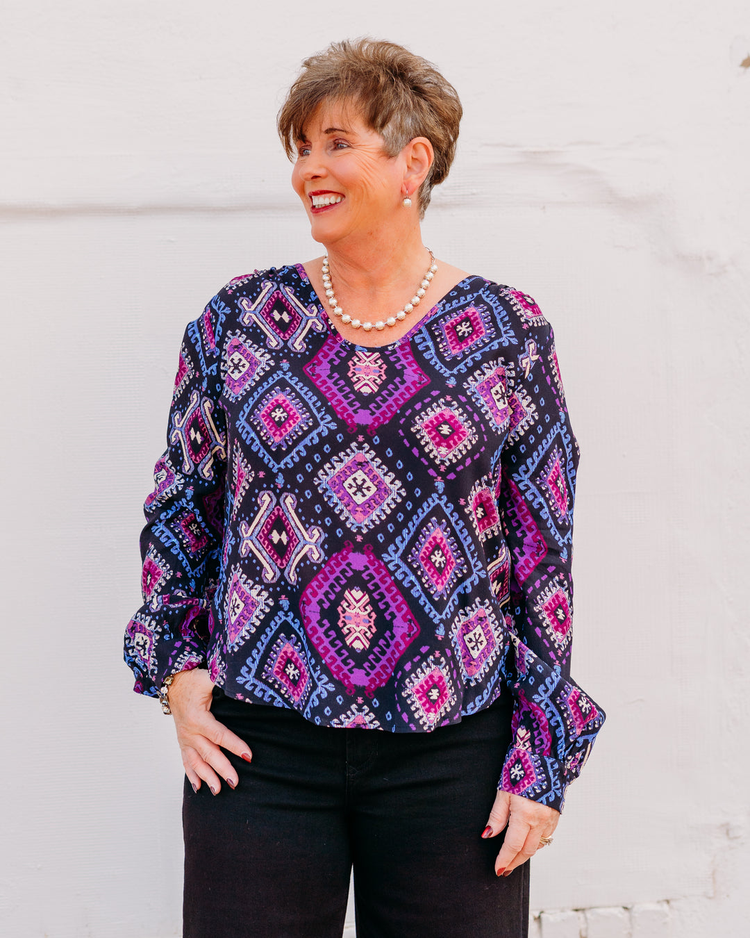 Karen Kane: Long Sleeve Scoop Neck Blouse in Print - The Vogue Boutique