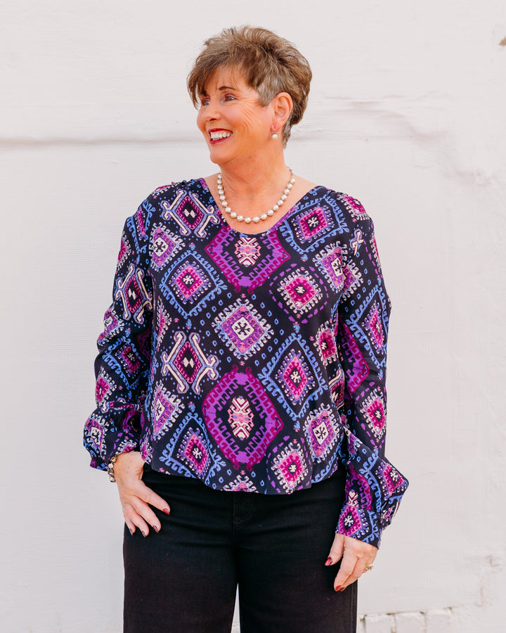 Karen Kane: Long Sleeve Scoop Neck Blouse in Print - The Vogue Boutique