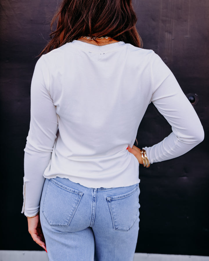 Tribal: Long Sleeve Crew Neck Top W/Button Detail in Moonstone