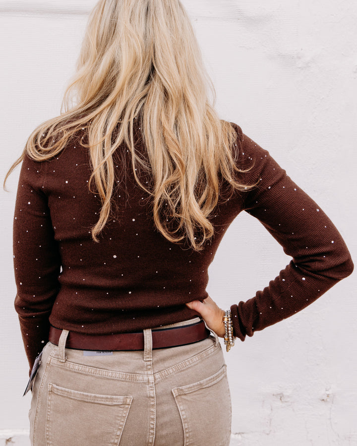 Karen Kane: Rhinestone Mock Neck Sweater in Mocha (3L89341)