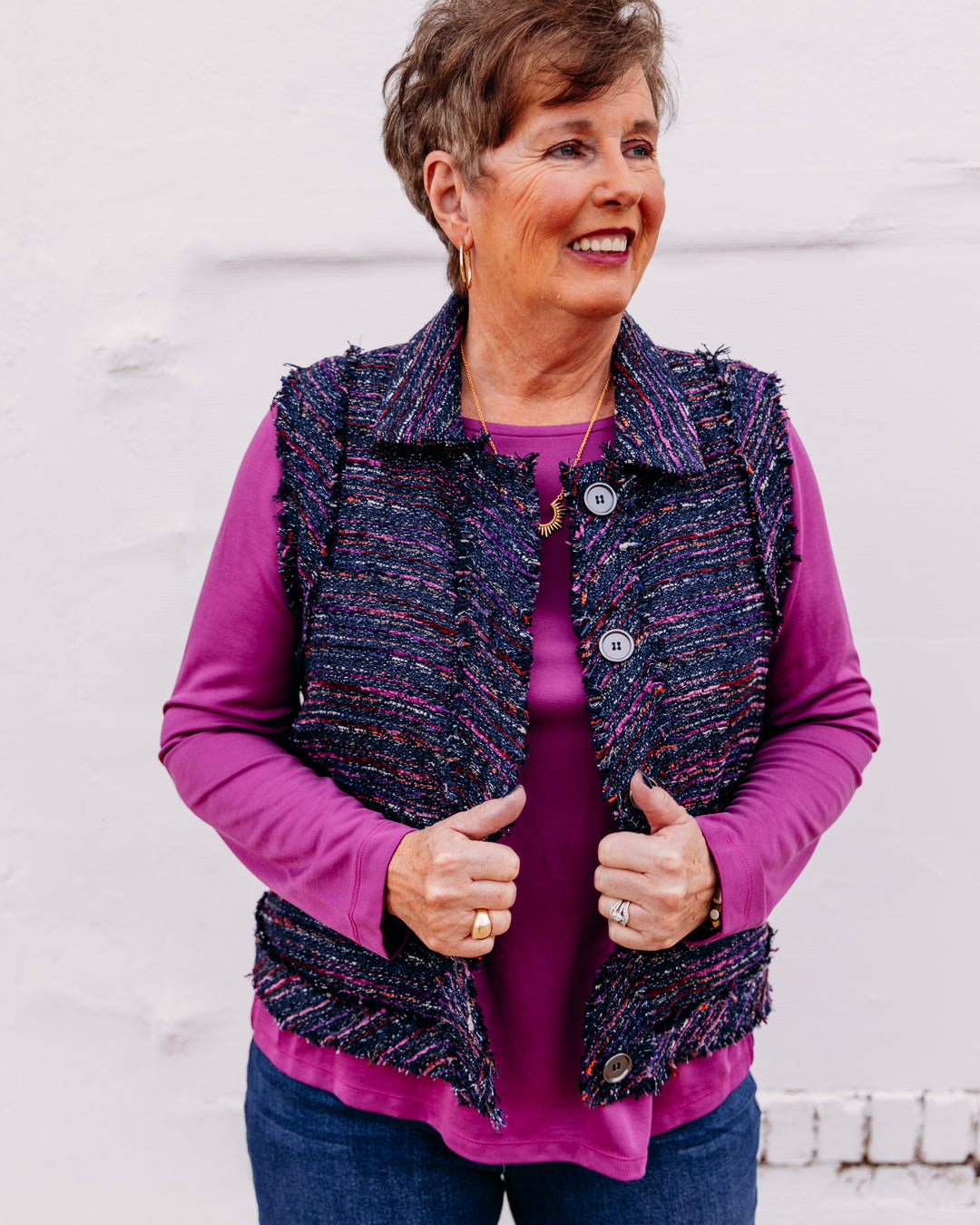 Multiples: Woven Button Front Lined Vest in Multi (M46509VM)