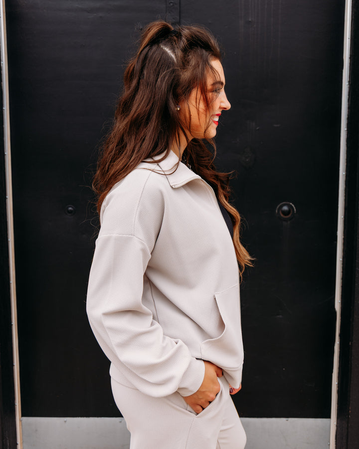 Tribal: Long Sleeve Mock Neck Zip Cardigan With Pocket in Sanddune