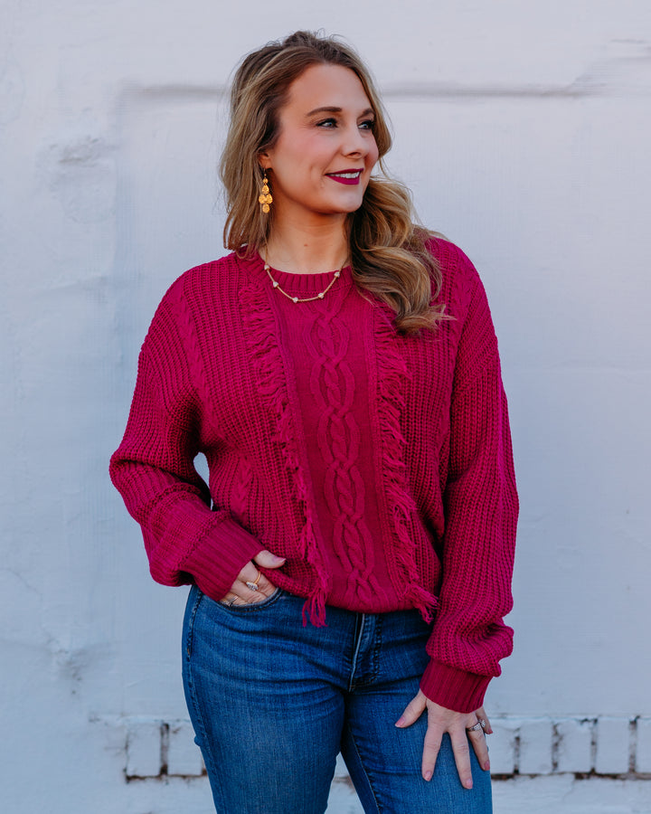 Liverpool: Long Sleeve Mock Neck Sweater with Fringe in Deep Raspberry - The Vogue Boutique