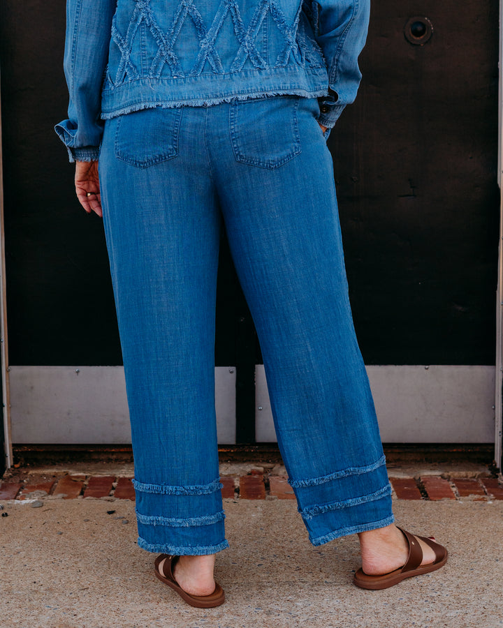 Multiples: Drawstring Elastic Waist 4-Pkt Crop Pant W/Fringe Strip Trim in Mdindg (M26202PM)