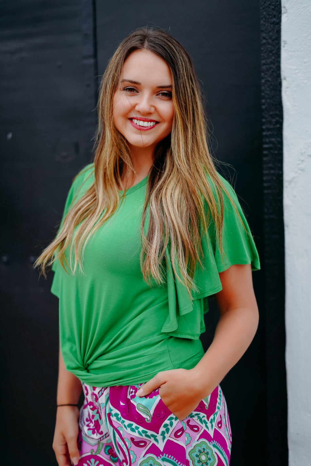 Karen Kane: Flutter Sleeve Drape Front Top in Green - The Vogue Boutique