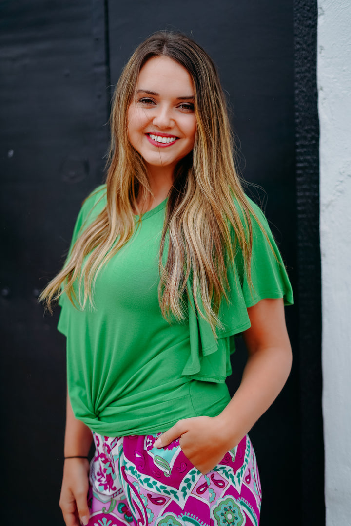Karen Kane: Flutter Sleeve Drape Front Top in Green - The Vogue Boutique