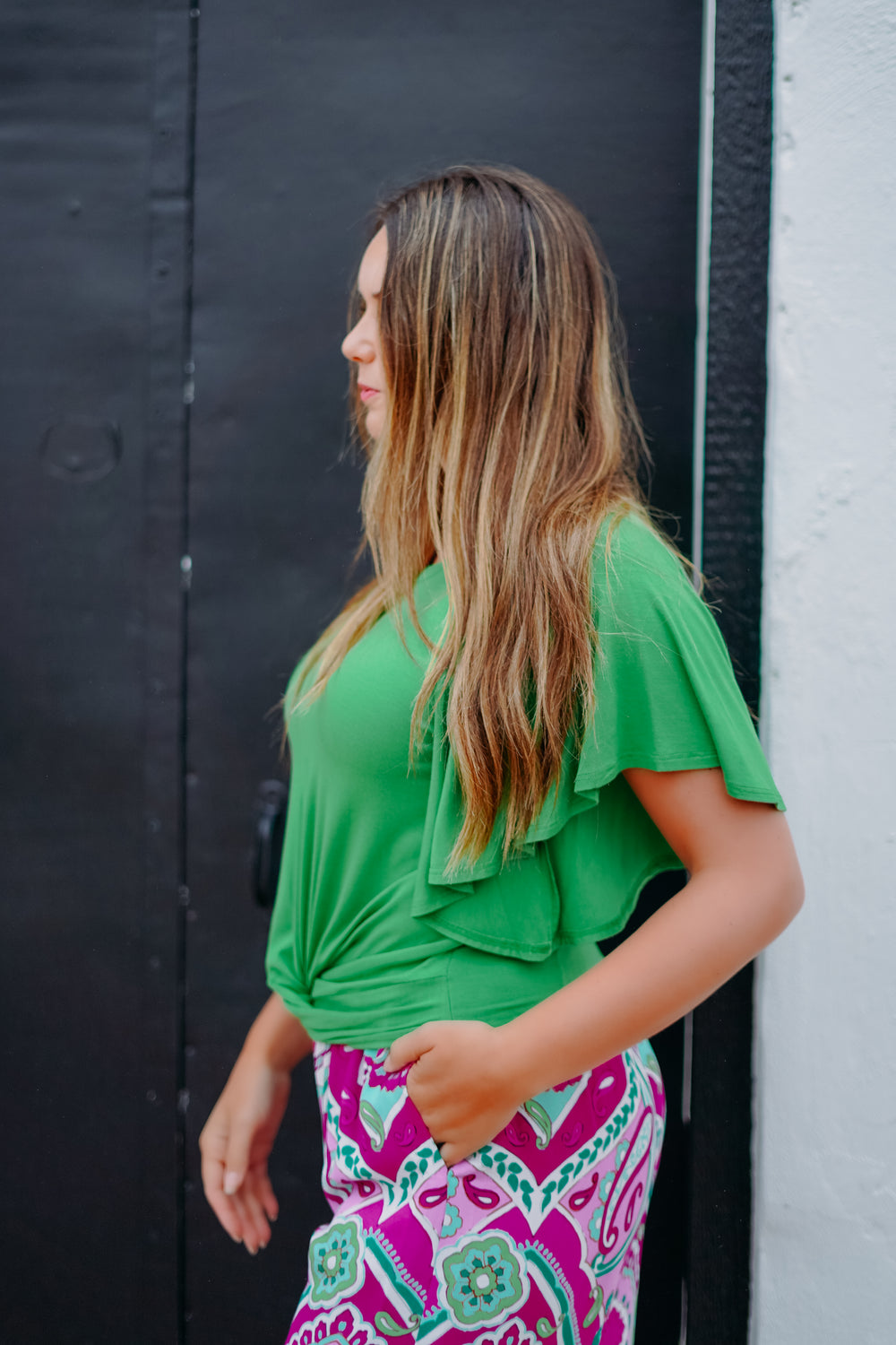 Karen Kane: Flutter Sleeve Drape Front Top in Green - The Vogue Boutique